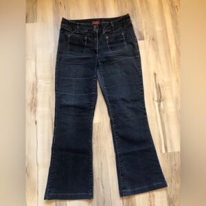 Y2K Contrast Bootcut Flare Jeans 11 Dark Wash Low Rise Stretch Patch Pockets